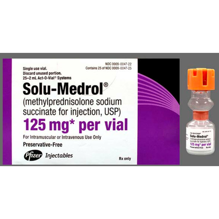 Solu-Medrol® Methylprednisolone Sodium Succinate, Preservative Free 125 mg / 2 mL Injection Single Dose Act-O-Vial* 2 mL (25/BX 4BX/CS) by Pfizer USPG Hospira Worldwide, Inc.  ID 00009-0047-22